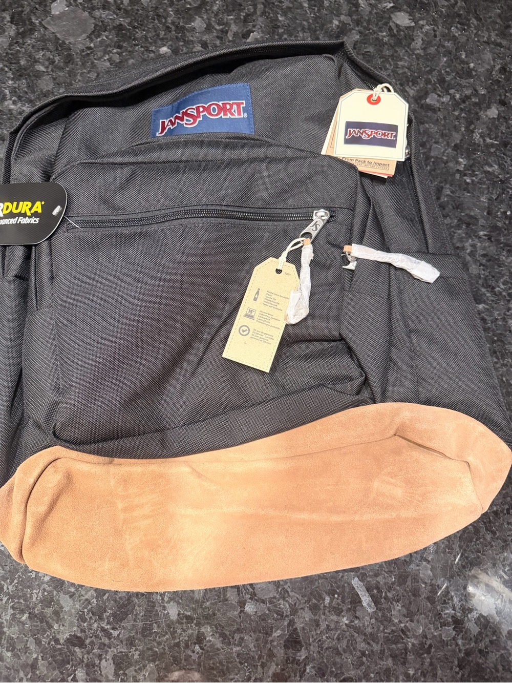 Jansport Black Backpack with Tan Suede Base